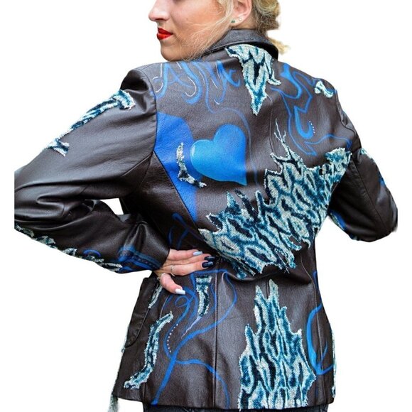Vintage brown lambskin jacket; Hand painted, blue abstract unique hearts fringe
